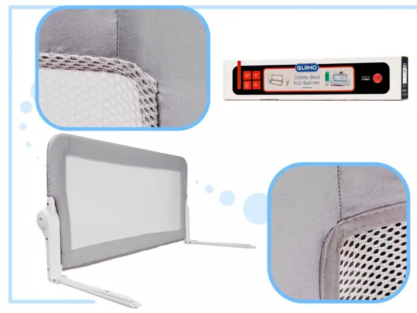 Bariera de protectie pentru pat copii, Ikonka, pliabila, cadrul metalic, dimensiune 150 x 45 cm, Grey