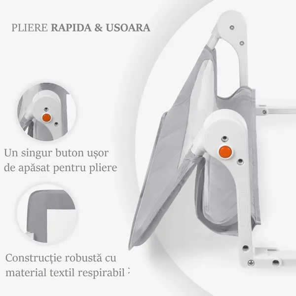 Bariera de protectie pentru pat copii KikkaBoo I am Safe Grey 150 cm, fixare stabila, rabatabila, potrivita pentru saltele de la 12-20 cm,colturi rotunjite,material textil de inalta calitate