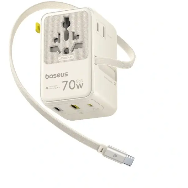 BASEUS Adaptor de calatorie Baseus EnerCore CG11 6-in-1 70W, 2x AC, 2x USB-A 1x USB-C, cu cablu USB-C retractabil, Alb