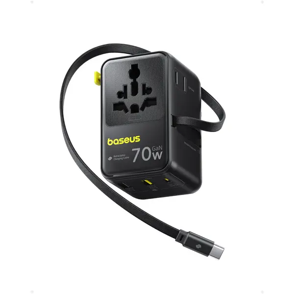 BASEUS Adaptor universal de calatorie Baseus EnerCore CG11, 2xUSB-C, 2xUSB, 2xSchuko, QC, 70W, cu cablu USB-C retractabil, Negru