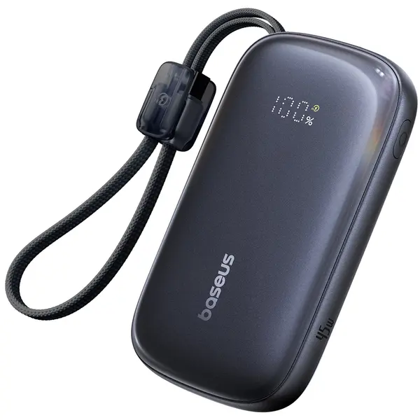 BASEUS Baterie externa Baseus EnerFill FC21 10.000 mAh Qpow 3 Ultra Digital, cu cablu detasabil USB-C la Lightning, 22.5W, Negru