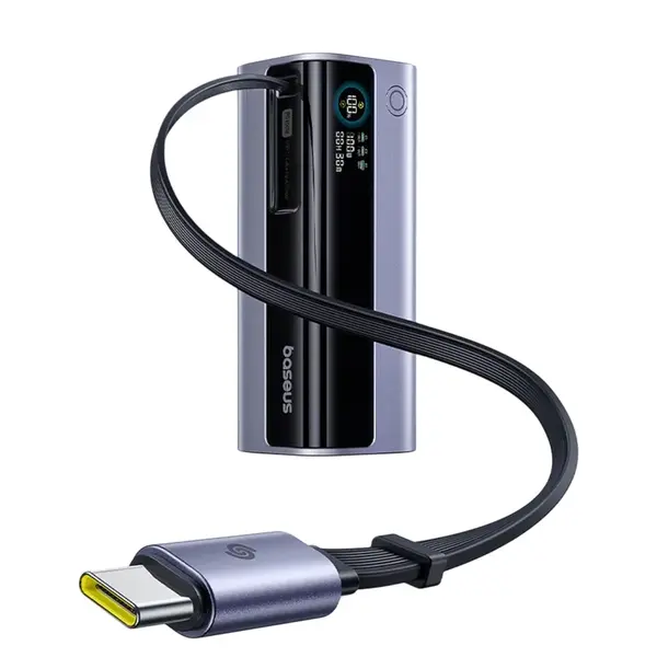 BASEUS Baterie externa Baseus EnerGeek GR11 10.000 mAh, 1x USB, 2x USB-C, 100W, Display, Cablu integrat, Gri