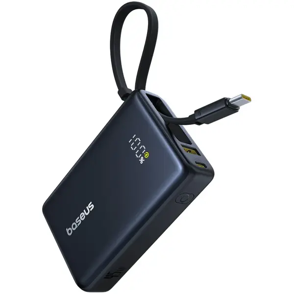 BASEUS Baterie externa Baseus PicoGo 10000mAh Digital Display, cu cablu incorporat USB-C, Negru