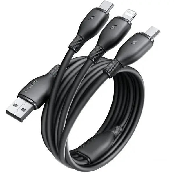 BASEUS CABLU alimentare si date Baseus Ultra-Fast One-for-three Retractable, pt smartphone,USB la Micro-USB+Lightning+USB Type-C 3.5A, 1.3m, Negru P10376303121-00