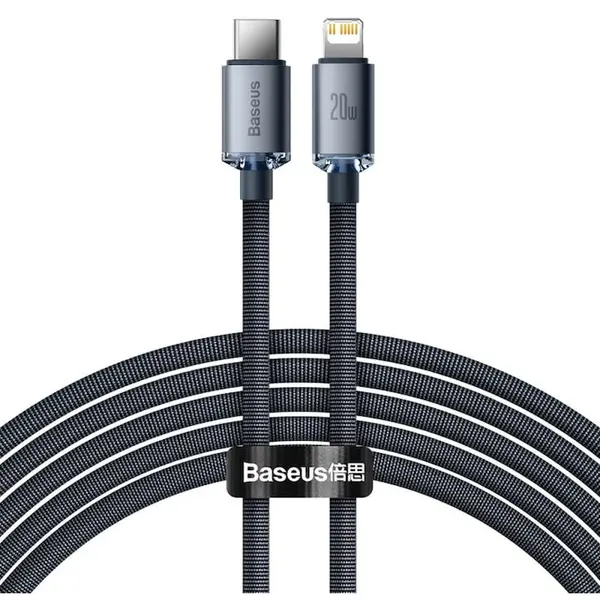BASEUS Cablu Date si Incarcare Baseus, Crystal Shine Braided CAJY000301, USB Type-C la tip Lightning, 2m, 20W, Negru