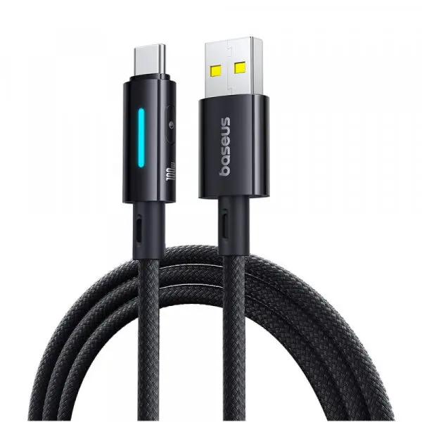 BASEUS Cablu Date si Incarcare USB-A - USB-C Baseus Lit Button Control, 100W, 2m, Negru P10379002121-01