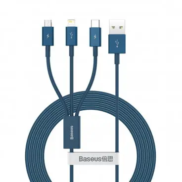 BASEUS Cablu de date, Baseus, 3 in 1, Usb - Lightning / Usb Tip C / Micro Usb, 3.5 A, 1.5 M, Albastru