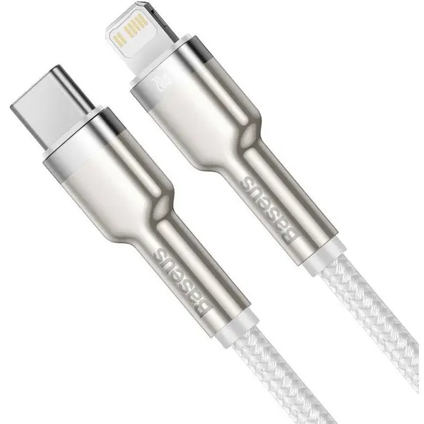 BASEUS Cablu de date, Baseus Cafule, CATLJK-A02, USB-C la Lightning, Quick Charge, 20W, Lungime 1 m, 480 Mb/s, Alb, Tip snur acoperit cu nailon
