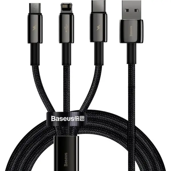 BASEUS Cablu Incarcare Baseus, USB - tip Lightning / MicroUSB / USB Type-C, Tungsten, 1.5 m, 3.5A, CAMLTWJ-01, Negru