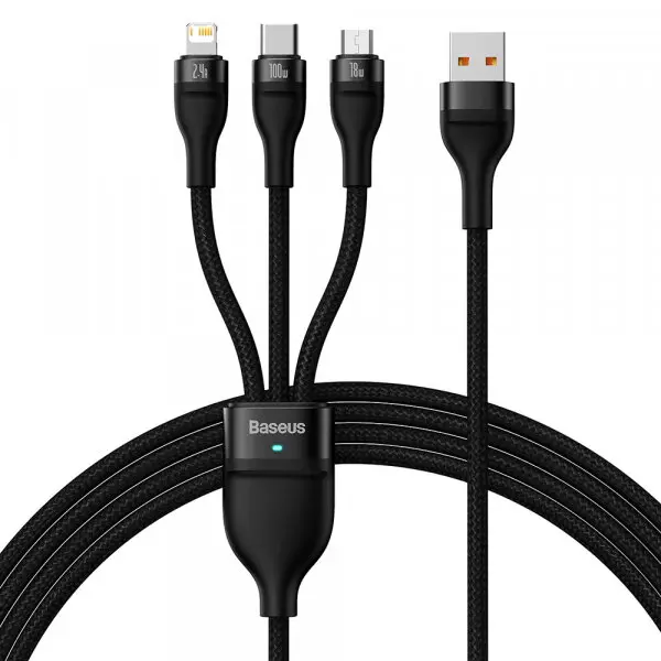 BASEUS Cablu Incarcare USB-A - Lightning / microUSB / USB-C Baseus Flash Series II 3in1, 100W, 1.2m, Negru CASS030001