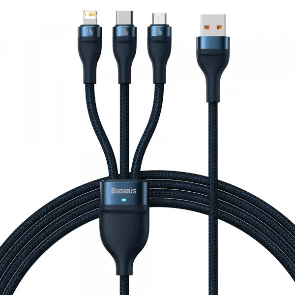 BASEUS Cablu Incarcare USB-A - Lightning / microUSB / USB-C Baseus Flash Series II 3in1, 66W, 1.2m, Albastru CASS040003
