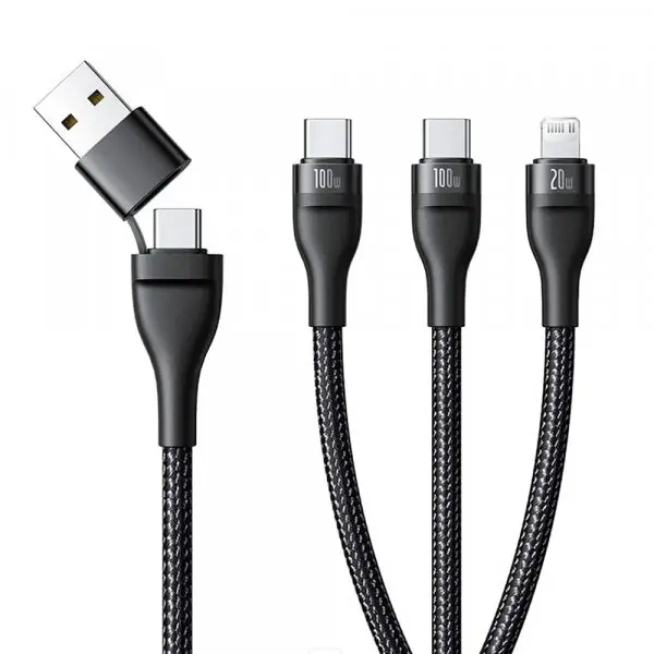 BASEUS Cablu Incarcare USB-A / USB-C - Lightning / 2 x USB-C Baseus Flash Series III 3in1, 100W, 1.5m, Negru P10377800U01-00