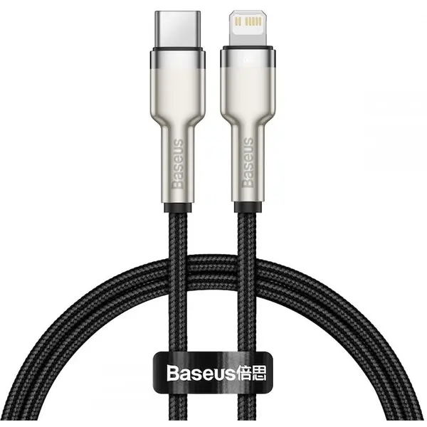 BASEUS Cablu pentru incarcare si transfer de date Baseus Cafule Metal, USB Type-C/Lightning, Power Delivery 20W, 25cm, Negru
