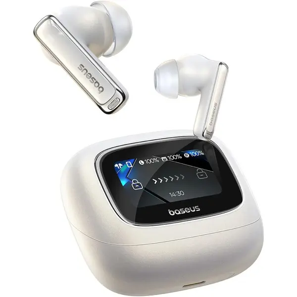 BASEUS Casti True Wireless Baseus Bowie M2s Ultra, ANC, Smart Touch Display, Bluetooth 5.4, Hi-Res Audio, Alb