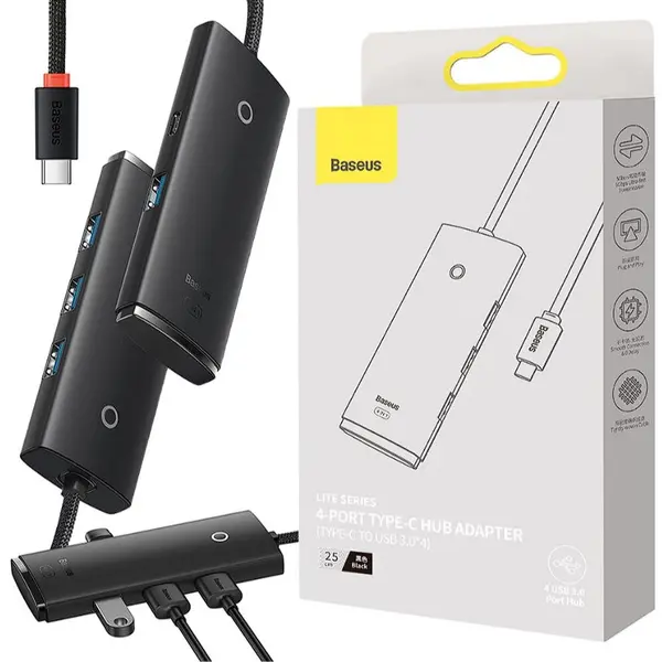 BASEUS HUB extern Baseus Lite, porturi USB: USB 3.0 x 4, conectare prin USB Type-C, lungime 0.25m, negru, WKQX030301