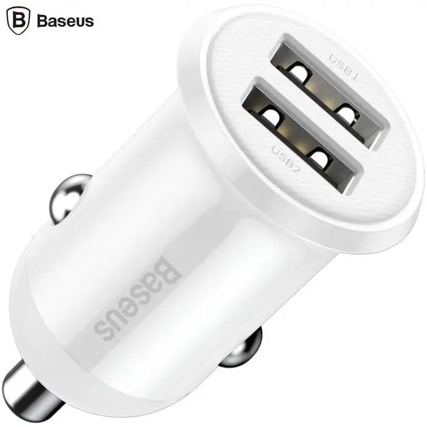 BASEUS Incarcator auto, Baseus, 2 x USB, 4.8 A, Alb