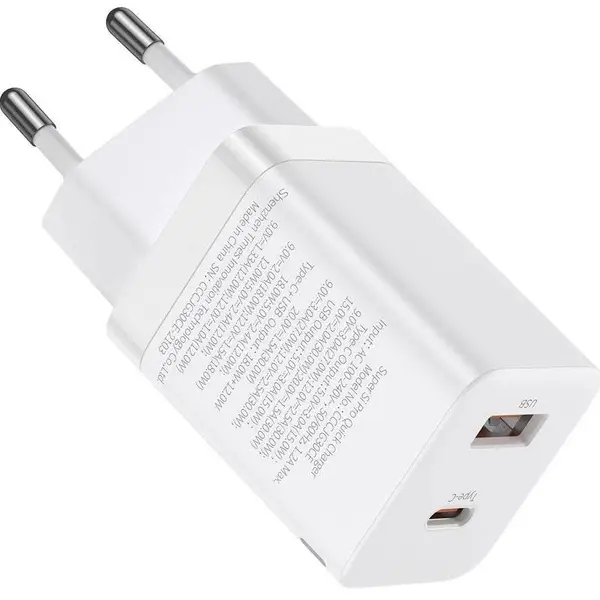 BASEUS INCARCATOR retea Baseus Super Si Pro, Quick Charge 30W, 1 x USB 5V/3A, 1 x USB Type-C 5V/3A, alb
