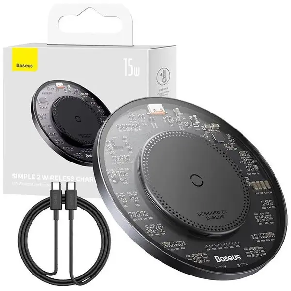 BASEUS INCARCATOR wireless Baseus Simple Qi 15W, compatibilitate smartphones, cablu Type-C la Type-C 1m inclus, negru