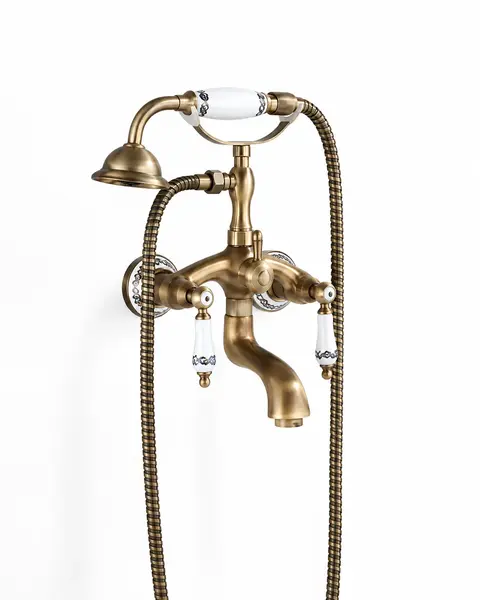 Baterie baie, Montaj Perete, Culoare bronz antichizat, Cu inele ceramice albe