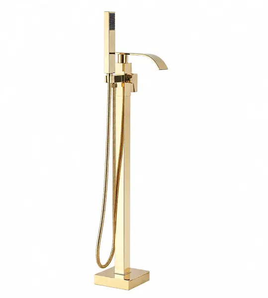 Baterie Baie pentru Cada BisDesign , Montaj Podea, Tip Freestanding, Cadru Patrat, Finisaj Auriu Lucios, Pipa Cascada Lata, Dimensiune 98 cm