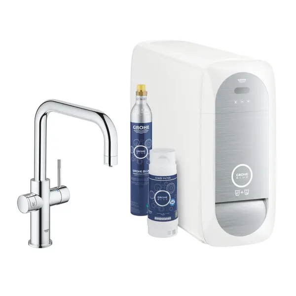Baterie bucatarie cu unitate de racire si filtru GROHE Blue Home 31456001, pipa tip U, metal, Crom