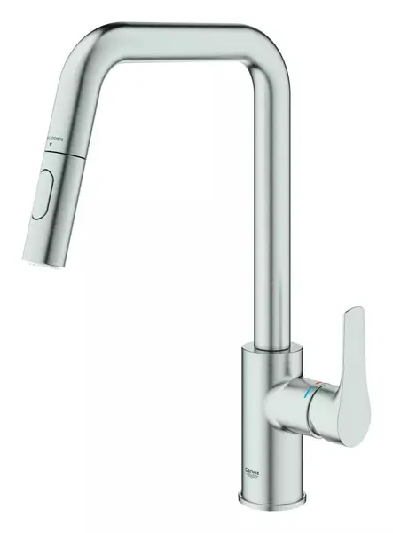 Baterie bucatarie Grohe Eurosmart 30619DC0, inalta, tip U, dus, 2 functii, monocomanda, Otel satinat