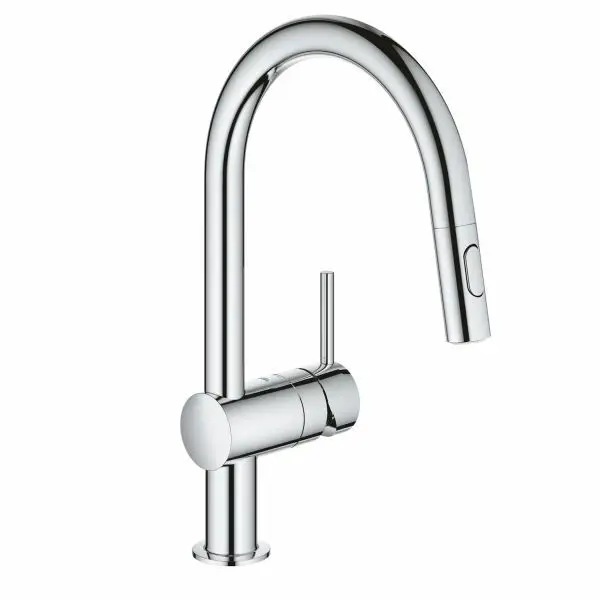 Baterie bucatarie Grohe Minta 32321002, 3/8, tip C, pipa inalta, pivotanta, 2 pulverizari, dus extractabil, Crom