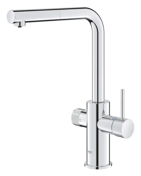 Baterie bucatarie Grohe Minta Blue Pure 30590000, inalta, tip L, dus, filtrare, necesita filtru, dubla comanda, Crom