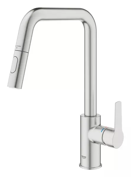 Baterie bucatarie Grohe Start 30631DC0, inalta, tip U, dus, 2 functii, monocomanda, Otel satinat