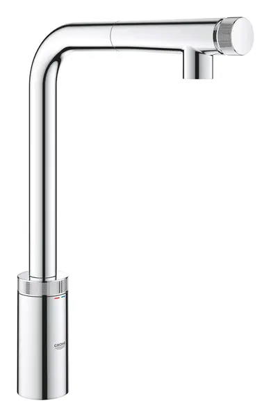 Baterie bucatarie Grohe Vento 30443000, inalta, tip L, dus, dubla comanda, Crom