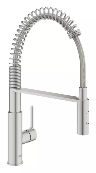 Baterie bucatarie Grohe Via Cosmo 30614DC0, inalta, tip C, dus, 2 functii, monocomanda, Otel satinat