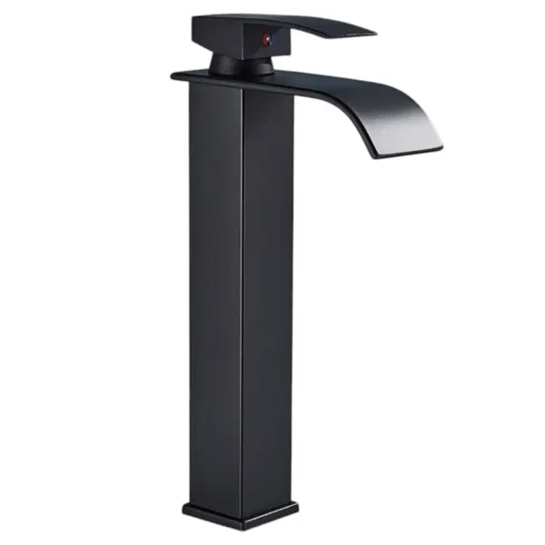 Baterie Chiuveta Baie, Pipa Tip Cascada, Stil Patrat, Finisaj Negru Mat, Dimensiune 27 cm