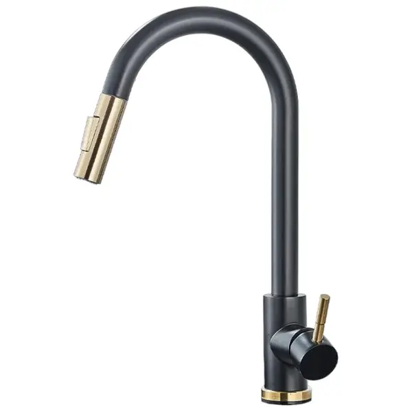 Baterie Chiuveta Bucatarie BisDesign , 2 Moduri de Curgere cu Dus Extractabil, Finisaj Negru Mat Auriu, Dimensiune 39 cm