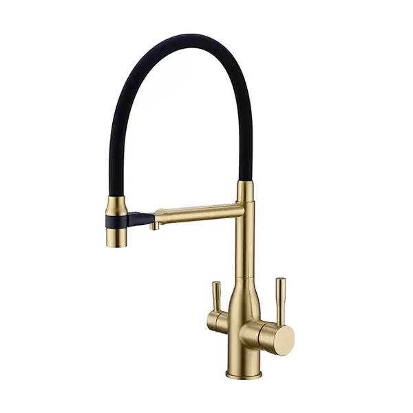 Baterie Chiuveta Bucatarie BisDesign , Functie Apa Filtrata, Dus Maleabil, 2 Functii de Curgere, Finisaj Auriu Mat, Dimensiune 48 cm