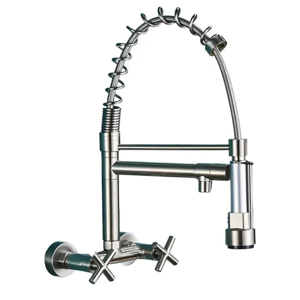 Baterie Chiuveta Bucatarie BisDesign , Montaj Perete cu 2 Moduri de Curgere, Dus Extractabil Tip Profesional, Finisaj Crom Nickelat, Dimensiune 44 cm