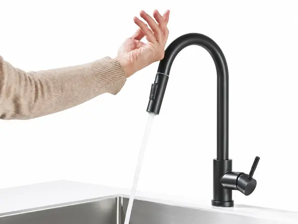Baterie Chiuveta Bucatarie, Functie Touch Pornire Oprire, Dus extractabil, Negru Mat, 2 functii de curgere, Dimensiune 39 cm