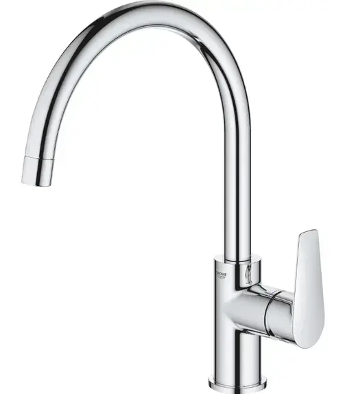 Baterie de bucatarie Grohe BauEdge 31367001, 3/8'', monocomanda, pipa inalta, tip C, cartus ceramic, pivotanta, limitator, Crom