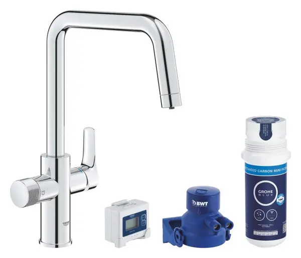 Baterie de bucatarie Grohe Blue Pure Start 30596000, 3/8'', pipa inalta, Tip U, filtrare apa, 1500 l, contor, pivotanta, Crom