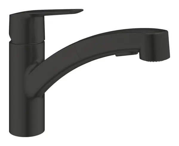 Baterie de bucatarie Grohe Start 303072431, 3/7'', tip L, pipa medie, pivotanta, dus extractabil, mat, Negru