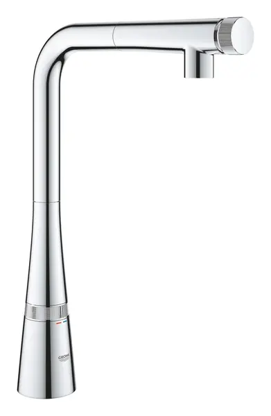 Baterie de bucatarie Grohe Zedra Smartcontrol 31593002, 3/8'', pipa inalta, tip L, dus extractabil, 2 functii, control push&turn, pivotanta, limitator, Crom