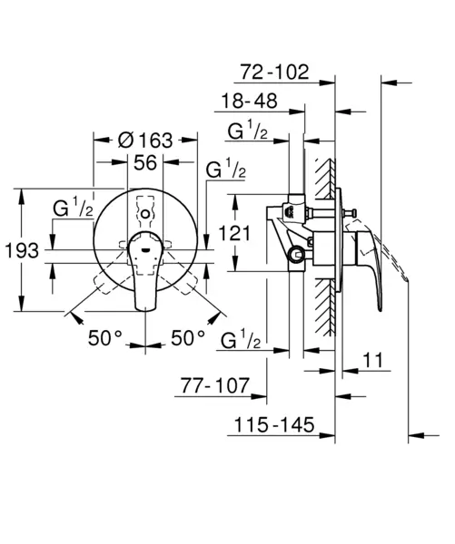 Baterie dus Grohe, Eurosmart OHM set bath, montare pe perete, incastrat, cartus ceramic, diverter, 2 iesiri, levier metalic, corp incastrat inclus, crom