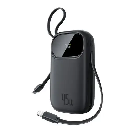 Baterie externa Baseus EnerFill FC31 Qpow 3 Digital Display, 10.000 mAh, 45W, cablu USB-C si Lightning incorporat (Negru)