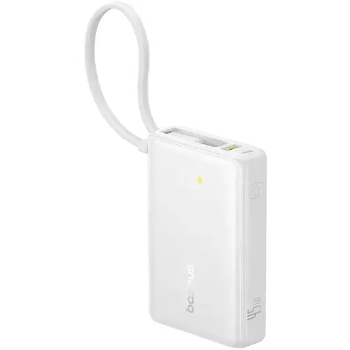 Baterie externa Baseus PicoGo P10076803213-00, 45 W, 10000mAh, Digital Display, cu cablu incorporat USB-C (Alb)