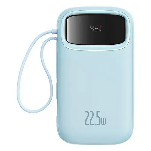 Baterie externa Baseus Qpow2, 10.000 mAh, cablu dual USB-C si Lightning incorporat, Incarcare rapida, 22.5W, Digital Display (Albastru)