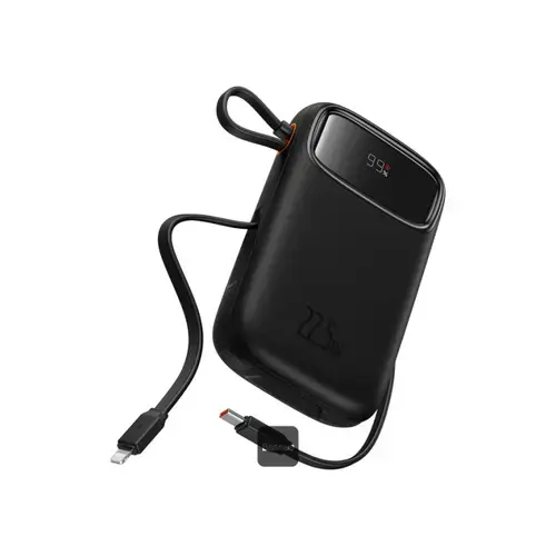Baterie externa Baseus Qpow2, 20000 mAh, 1x USB, 2x USB-C, 22.5 W, Display, Cablu USB-C & Lightning integrat (Negru)
