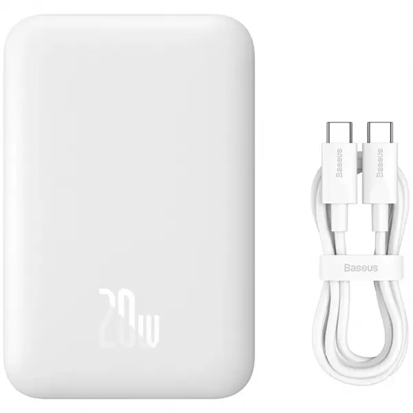 Baterie Externa Wireless Baseus Magnetic Mini, 6000mAh, 20W, PD + FQI, 1 x QI - 1 x USB-C, Alba P10059002223-00
