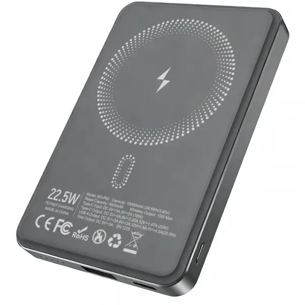 Baterie Externa Wireless BWOO BO-P82, 10000mAh, 22.5W, PD + FQI, 1 x QI - 1 x USB-C, Gri