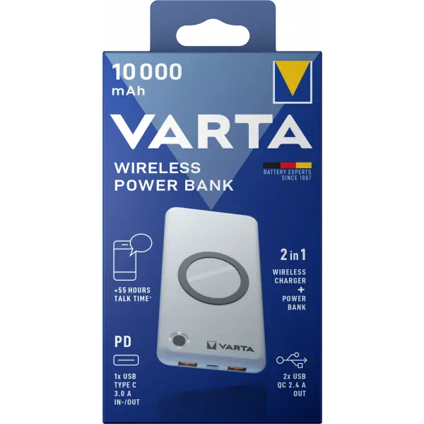 Baterie Externa Wireless Varta Energy, 10000mAh, 18W, QC + PD + FQI, 1 x QI - 1 x USB-C - 2 x USB-A, Alba