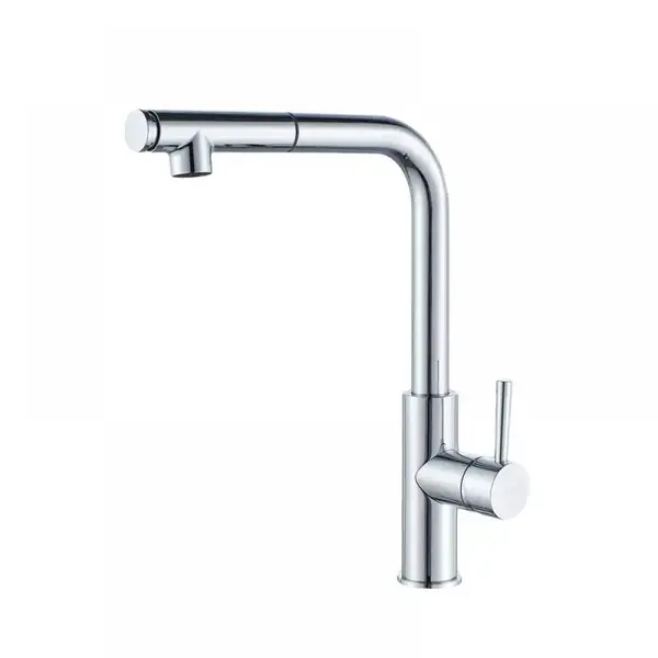 Baterie pentru chiuveta bucatarie cu dus extractabil, Momali, cartus ceramic, corp din alama, debit ajustabil, rotire 360 grade, culoare crom