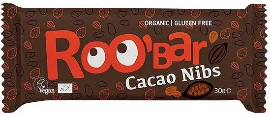 Baton crud cu boabe de cacao și migdale, 30 g, Roobar